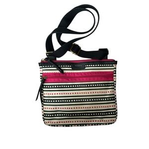 Fossil Eliza Multi Stripe Crossbody Bag Pink Black‎ Vegan Leather Polka Dots
